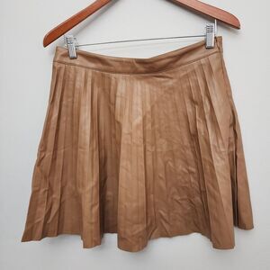 LUCYPARIS Women's Pleated Faux Leather  Lined Skirt Brown Size LARGE Preppy Twee